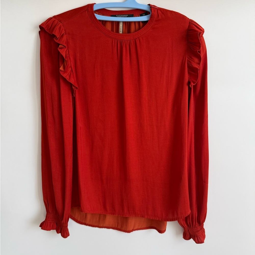 Scotch and Soda Orange Red Ruffle Sleeve Blouse, Size Extra Small